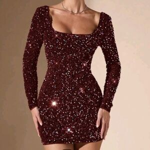 SHEIN Burgundy Sequin Long Sleeve Dress